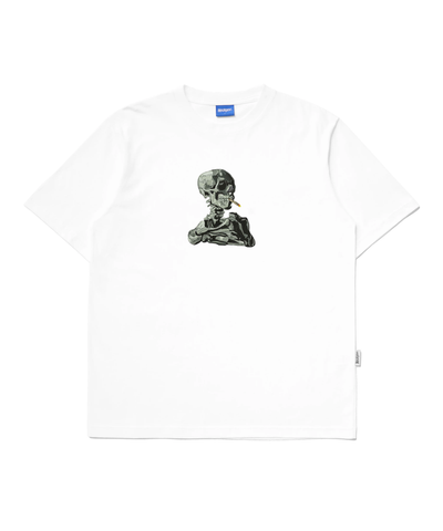 SKULL OF A SKELETON WITH BURNING CIGARETTE EMBROIDERED T-SHIRT